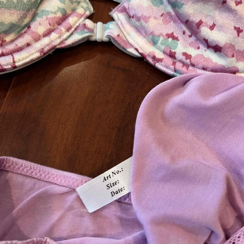 New NWOT Lily Of France Satin‎ Bra Panty Thong Set Lingerie Underwear 34B Small